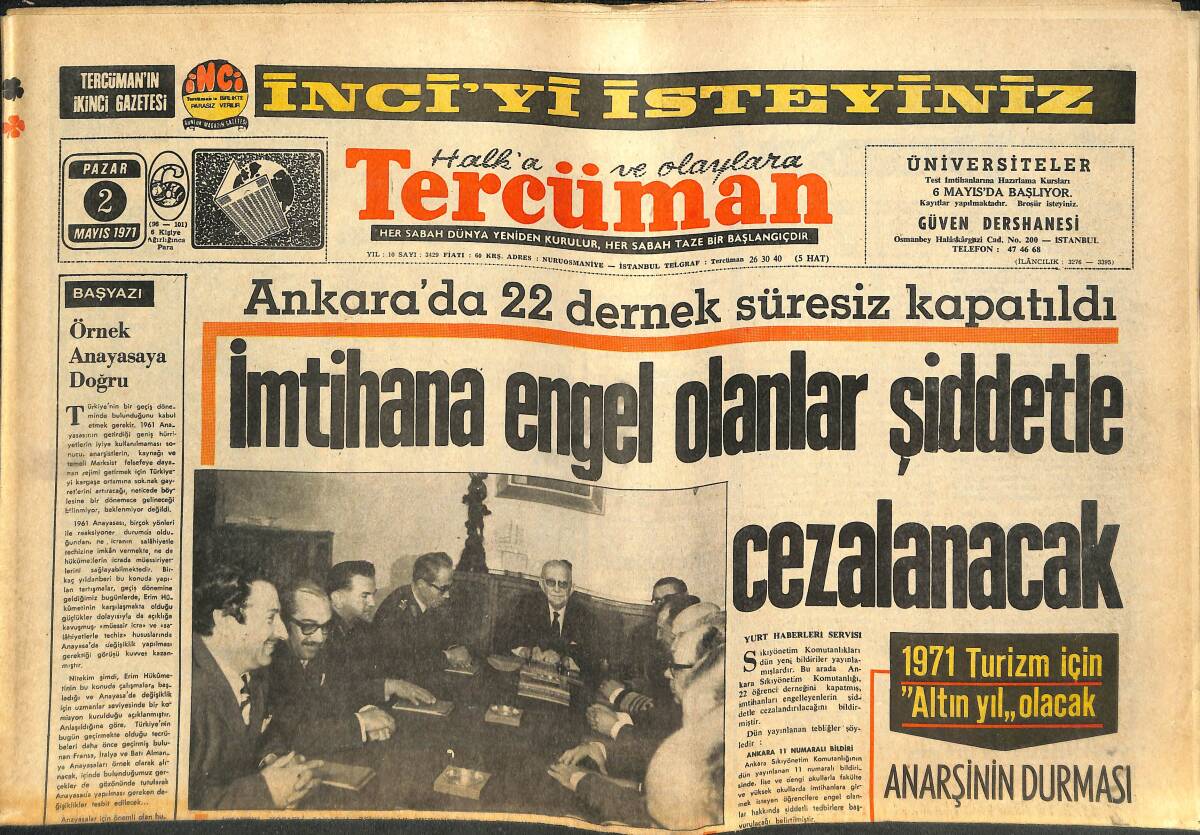 Tercüman Gazetesi 2 Mayıs 1971 - Ankara'da 22 Dernek Süresiz Kapatıldı - Çay Yaprağı Fiyatına 50 Kuruş Zam Yapıldı GZ141670 - 1