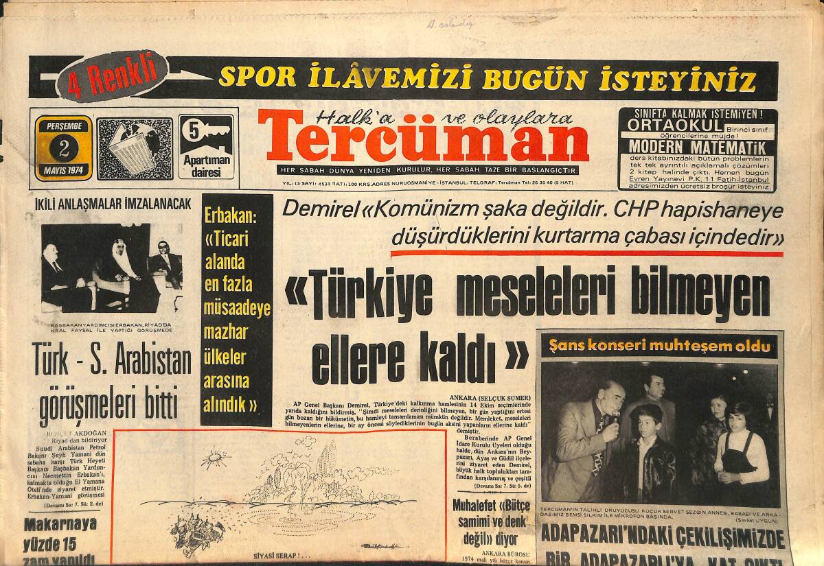 Tercüman Gazetesi 2 Mayıs 1974 - Bursa Fenerbahçe'yi Tek Golle Kapattı - Venüs Keşif Gemisi - Türkiye Meseleleri Bilmeyen Ellere Kaldı GZ141202 - 1