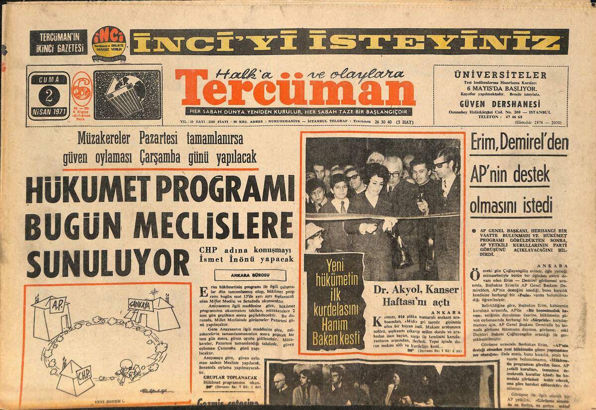 Tercüman Gazetesi 2 Nisan 1971 - Hükümet Programı Bugün Meclislere Sunuluyor - Ferhan Dinçer Konuştu: Beşiktaş'a İhanet Edildi! GZ145778 - 1