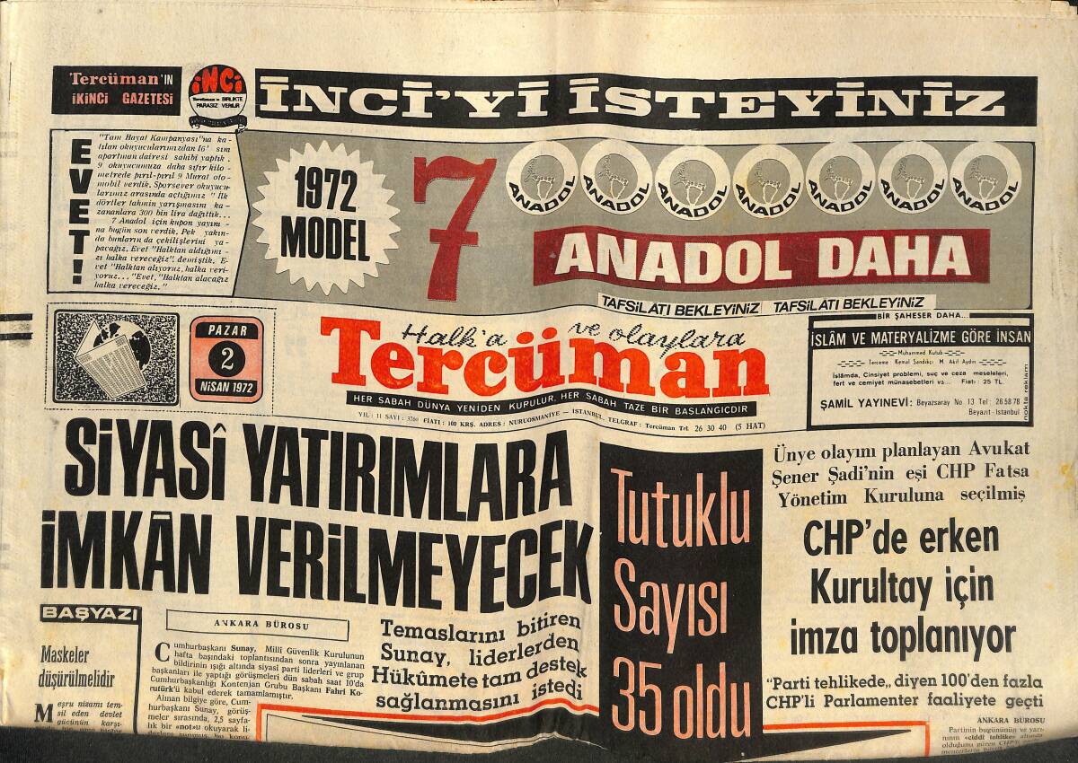 Tercüman Gazetesi 2 Nisan 1972 - Diyarbakır'da Su Tesislerinin Korunması İstendi - Siyasi Yatırımlara İmkan Verilmeyecek GZ141525 - 1