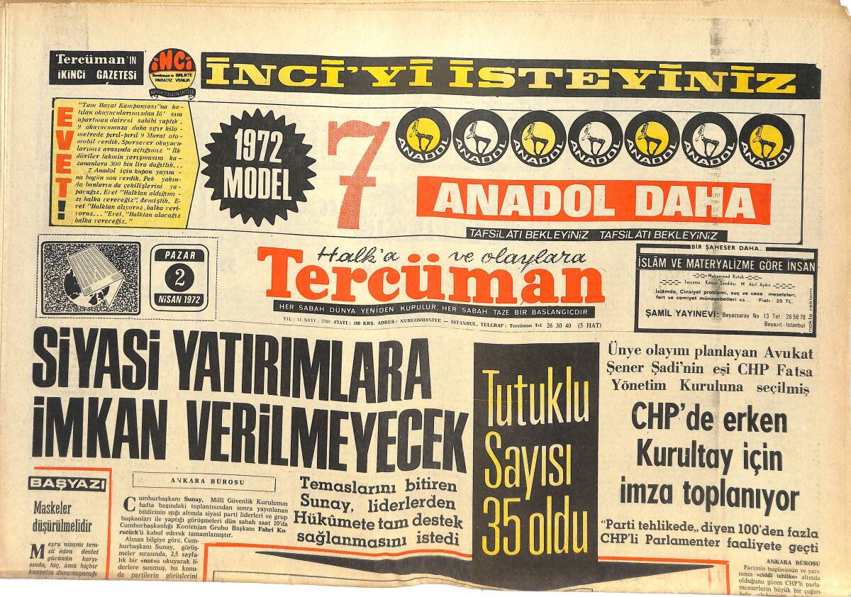 Tercüman Gazetesi 2 Nisan 1972 - Muhammed Ali Clay Eskisi Gibi İndiremiyor - CHP'de Erken Kurultay İçin İmza Toplanıyor GZ144629 - 1