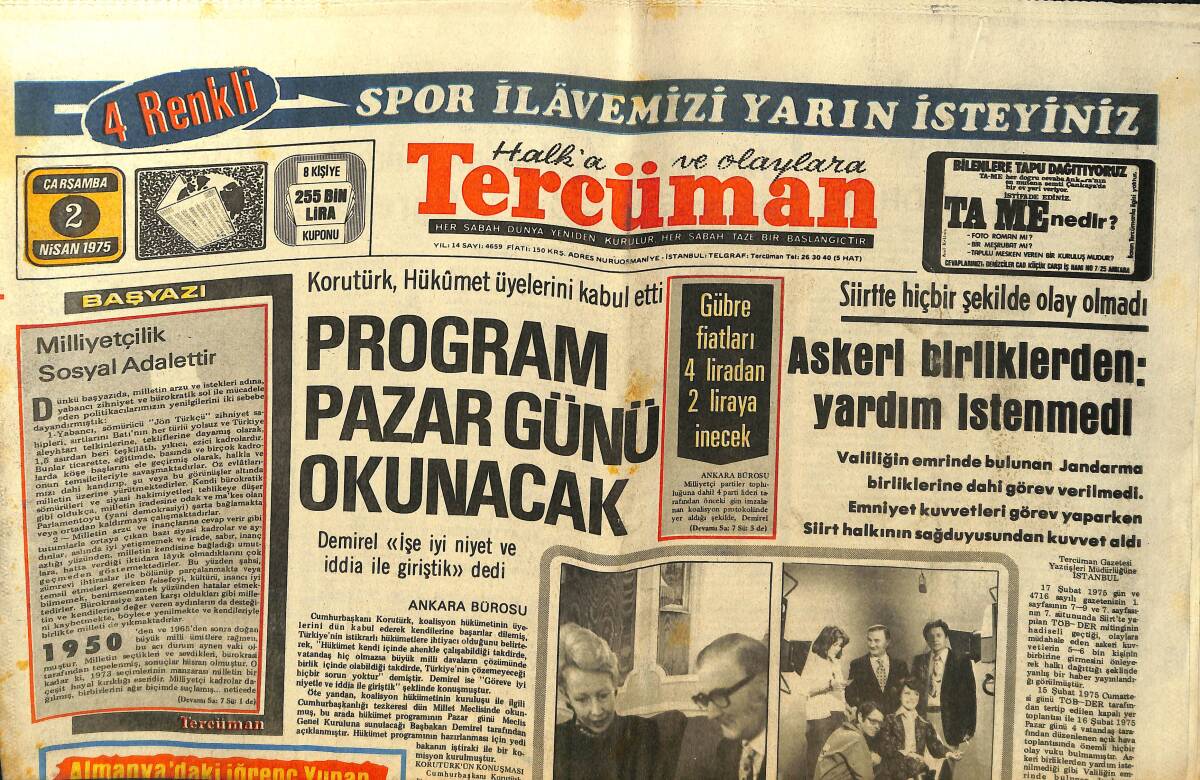 Tercüman Gazetesi 2 Nisan 1975 - Marmara'da Petrol Bulunamadı - Siirt'te Hiçbir Şekilde Olay Olmadı GZ150346 - 1