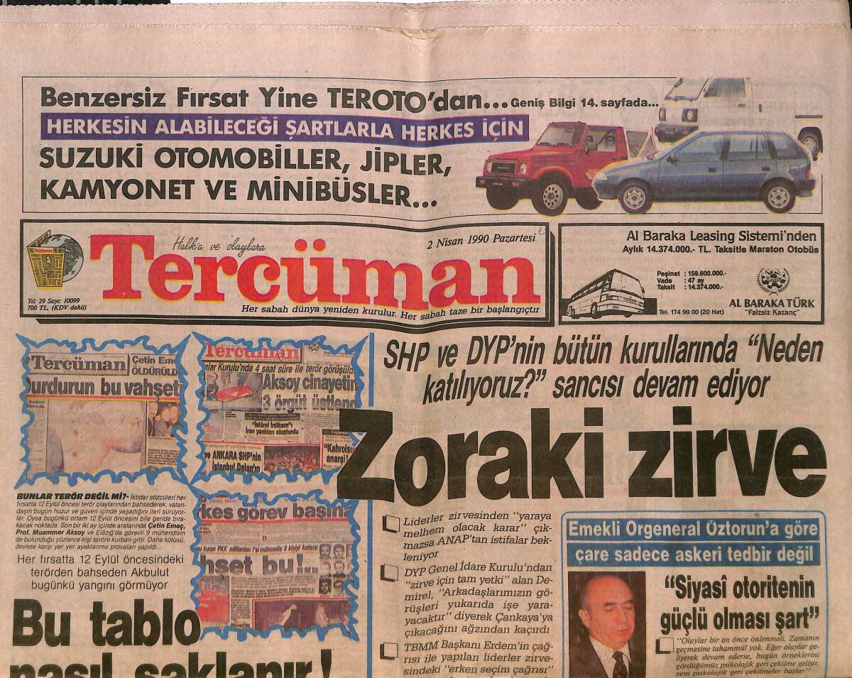 Tercüman Gazetesi 2 Nisan 1990 - Emekli Orgeneral Öztorun'a Göre Çare Sadece Askeri Tedbir Değil GZ150495 - 1