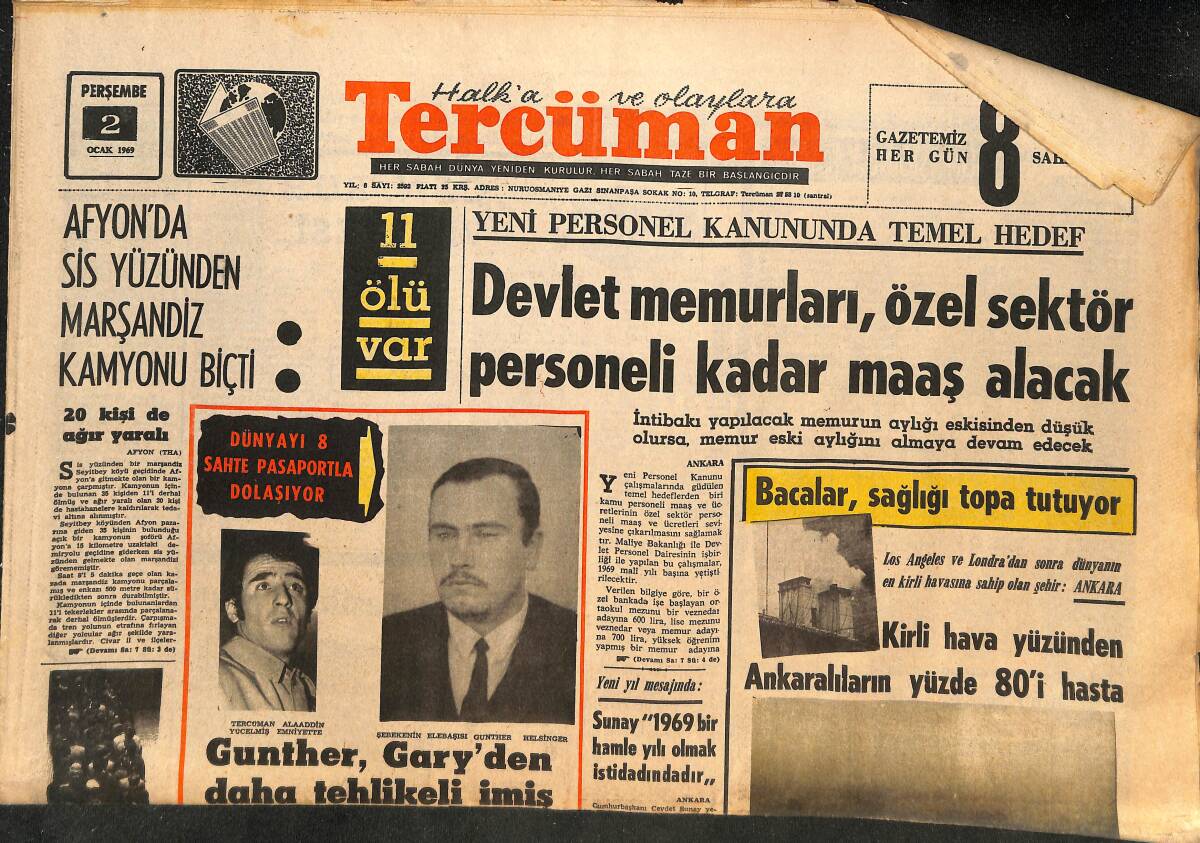 Tercüman Gazetesi 2 Ocak 1969 - Gunther, Gary'den Daha Tehlikeli İmiş! - Molnar'ın Yeni Yıl Hedefi: Son 3 Maçta 5 Puan! GZ146273 - 1