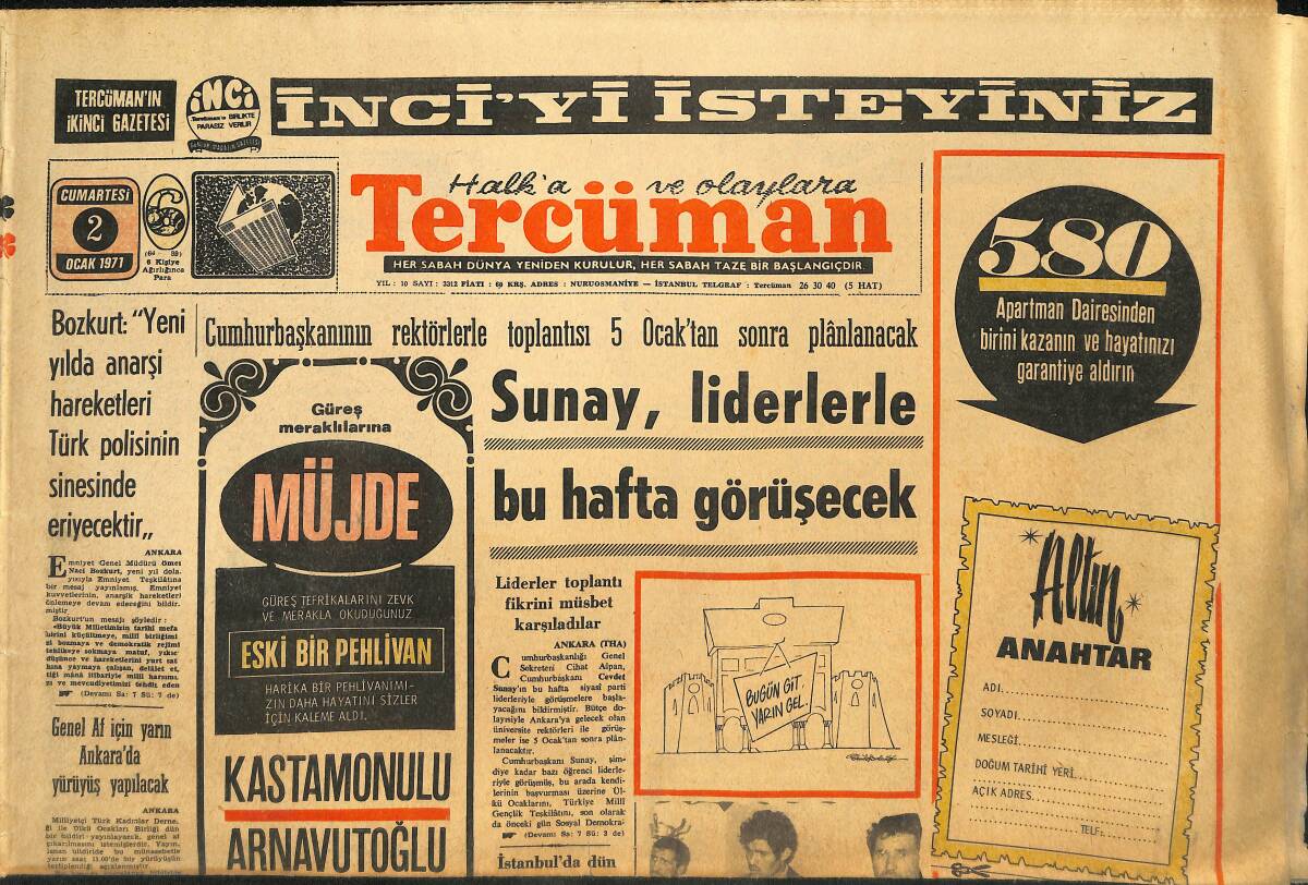 Tercüman Gazetesi 2 Ocak 1971 - Sunay , Liderlerle Bu Hafta Görüşecek - Galatasaray Piyangodan 1.5 Milyon Lira Kâr Sağladı GZ145410 - 1