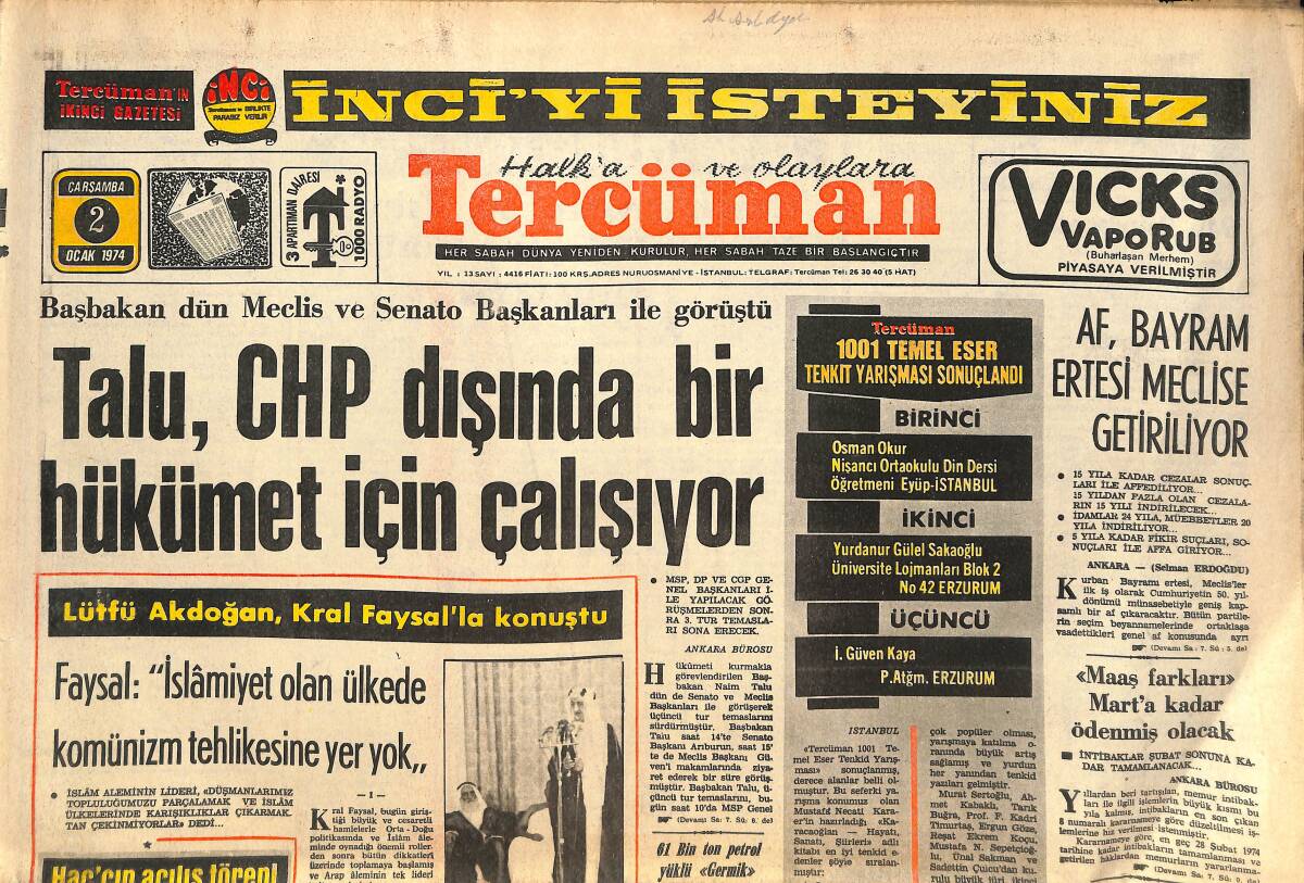 Tercüman Gazetesi 2 Ocak 1974 - Talu, CHP Dışında Bir Hükümet İçin Çalışıyor - Lütfü Akdoğan, Kral Faysal'la Konuştu! GZ145234 - 1
