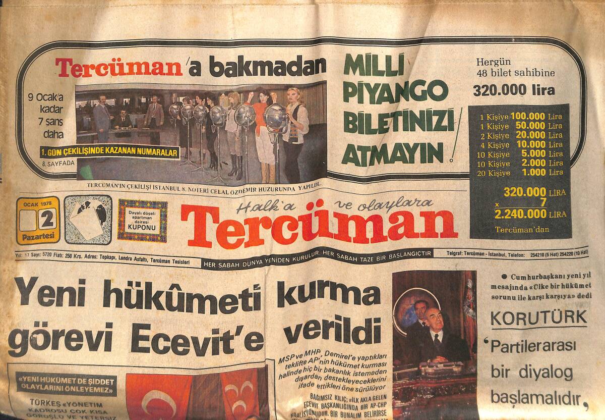 Tercüman Gazetesi 2 Ocak 1978 - Yeni Hükümeti Ecevit Kuracak - Galatasaray Galibiyetle Yıl Başını Kutladı - Fenerbahçe Deplasmanda Kaybetti GZ133258 - 1