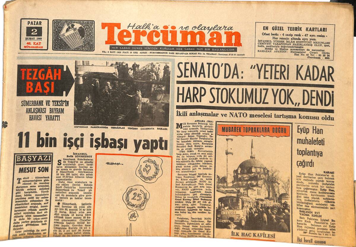 Tercüman Gazetesi 2 Şubat 1969 - Eyüp Han Muhalefeti Toplantıya Çağırdı! - 11 Bin İşçi İşbaşı Yaptı! GZ145017 - 1
