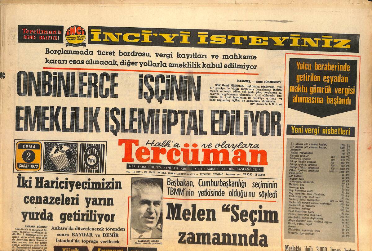 Tercüman Gazetesi 2 Şubat 1973 - On Binlerce İşçinin Emeklilik İşlemi İptal Ediliyor! - Archie Moore Şimdi İntikamını Alıyor! GZ146148 - 1