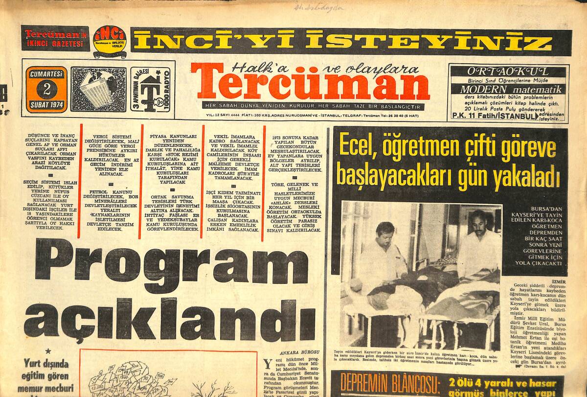 Tercüman Gazetesi 2 Şubat 1974 - Galatasaray'lı Taraftarlar Metin'in Affı İçin Kampanya Açtı - İzmirliler Geceyi Dışarda Geçirdi GZ144214 - 1