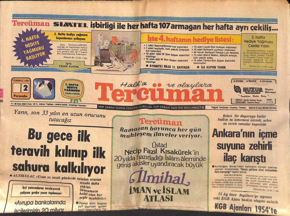 Tercüman Gazetesi 2 Temmuz 1981 - Ankara'nın İçme Suyuna Zehirli İlaç Karıştı - İran'da 15 Günde 80 Kişi Kurşuna Dizildi GZ132535 - 1