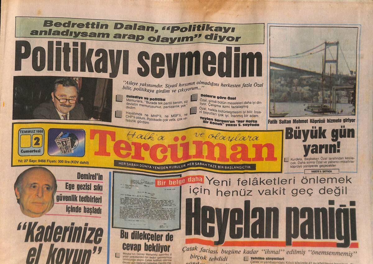 Tercüman Gazetesi 2 Temmuz 1988 - Karadeniz'de Yağışlar Afet Oluşturdu - Demirel; Kaderinize El Koyun GZ132449 - 1