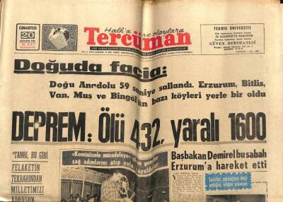 Tercüman Gazetesi 20 Ağustos 1966 - Doğuda Facia,Doğu Anadolu 53 Saniye Sallandı, Doğu Yerle Bir Oldu GZ54043 - 1