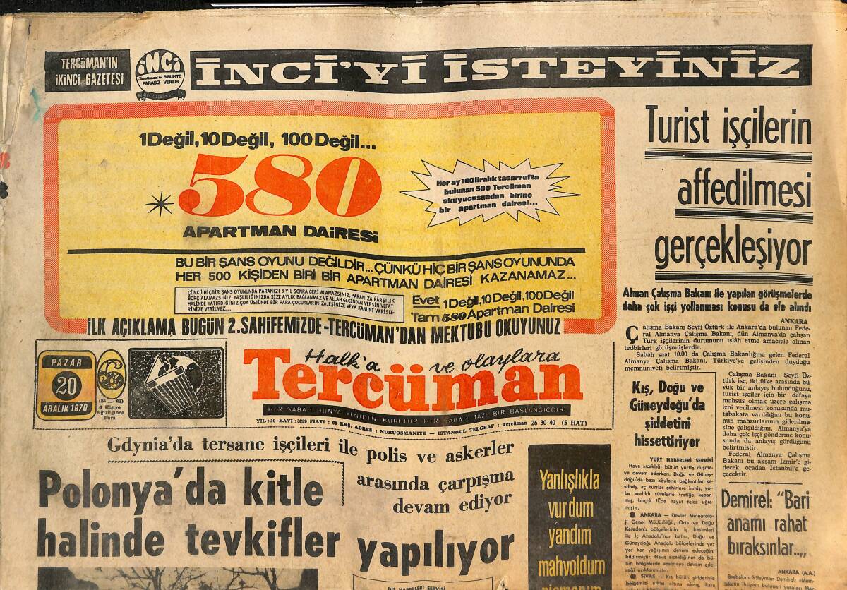 Tercüman Gazetesi 20 Aralık 1970 - Polonya'da Kitle Halinde Tevkifler Yapılıyor- Tayyar Yalaz Kupası'nda Fazla Sözümüz Yok! GZ145806 - 1