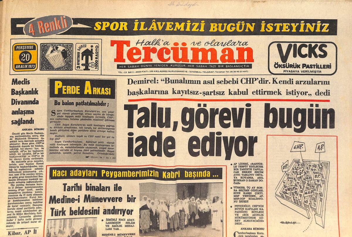 Tercüman Gazetesi 20 Aralık 1973 - Talu, Görevi Bugün İade Ediyor! - Cankurtaran Didi'den Açıklardan Oynanmasını İsteyecek! GZ145657 - 1