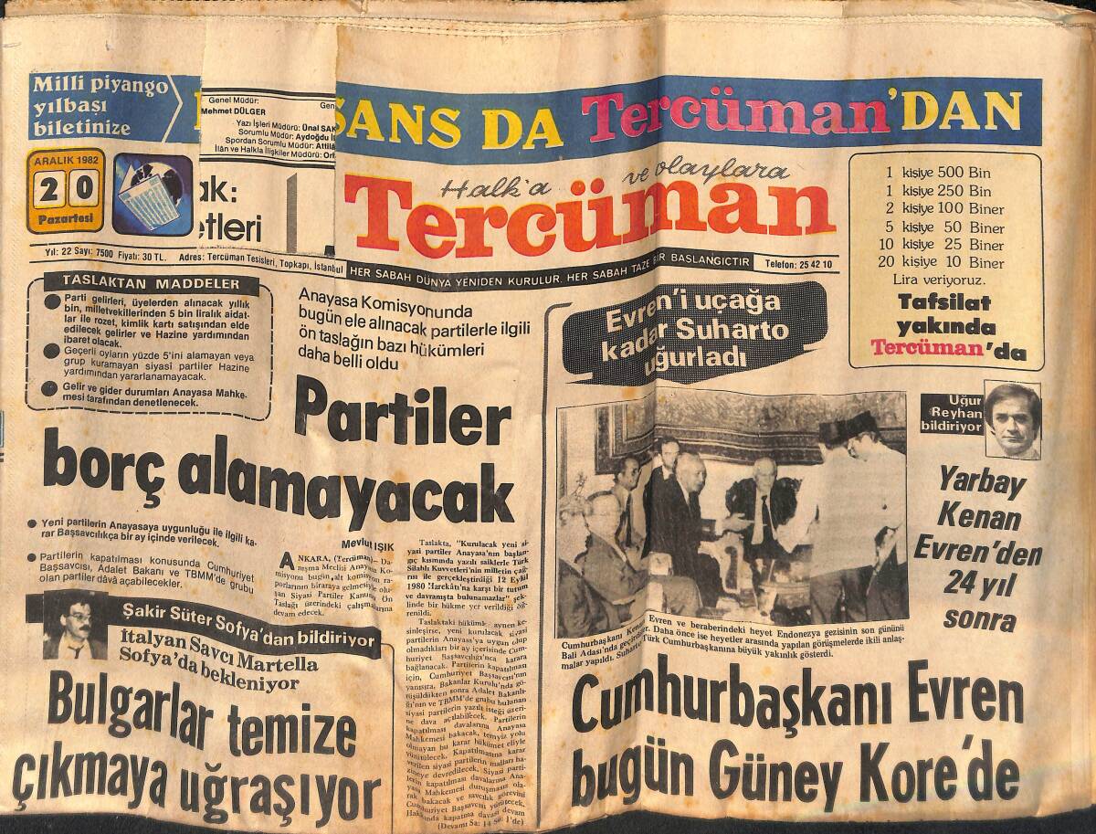 Tercüman Gazetesi 20 Aralık 1982 - Cumhurbaşkanı Kenan Evren Bugün Güney Kore'de - Samsunspor Uzun Süredir Kazanamıyor GZ133902 - 1