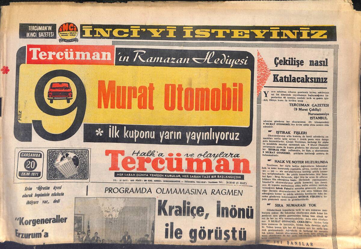 Tercüman Gazetesi 20 Ekim 1971 - Kraliçe Elizabeth, İnönü İle Görüşecek - Milli Takım Adayları Bursaspor Karşısında! GZ146053 - 1