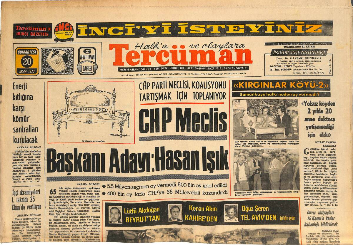 Tercüman Gazetesi 20 Ekim 1973 - CHP Meclis Başkanı Adayı: Hasan Işık - Moşe Dayan Süveyş'in Batı Yakasına Geçti GZ144739 - 1