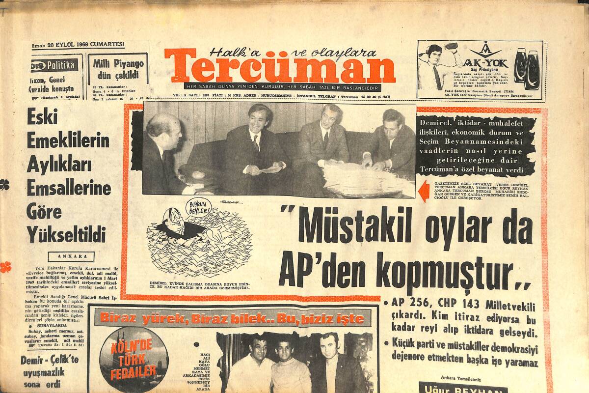 Tercüman Gazetesi 20 Eylül 1969 - Müstakil Oylar Da AP'DEN Kopmuştur! - Eski Emeklilerin Aylıkları Emsallerine Göre Yükseltildi GZ144663 - 1