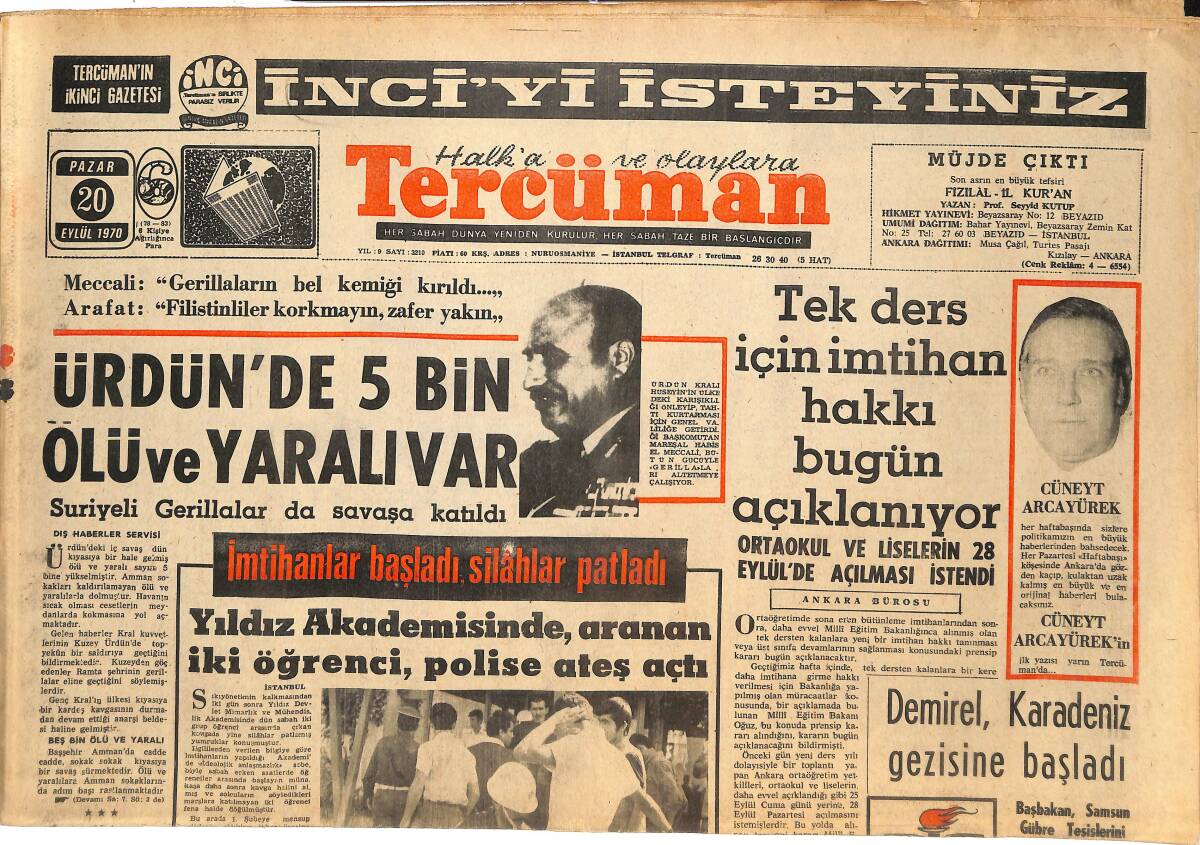 Tercüman Gazetesi 20 Eylül 1970 - Ürdün'de 5 Bin Ölü Ve Yaralı Var - Gemi Adamlarına Cüzdan Verilecek GZ145065 - 1