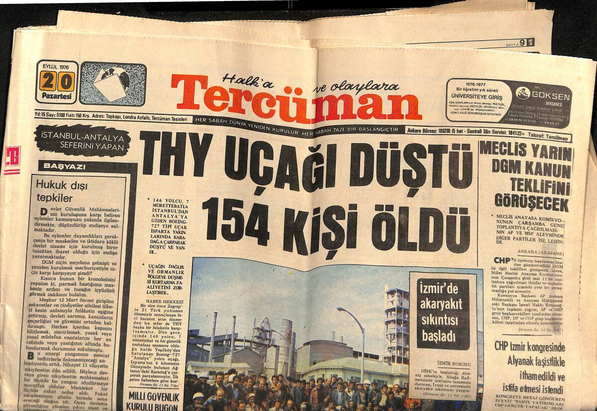 Tercüman Gazetesi 20 Eylül 1976 - THY Uçağı Düştü 154 Kişi Öldü - Ali Kemal Pele'ye Trabzon Rozeti Taktı GZ160301 - 1
