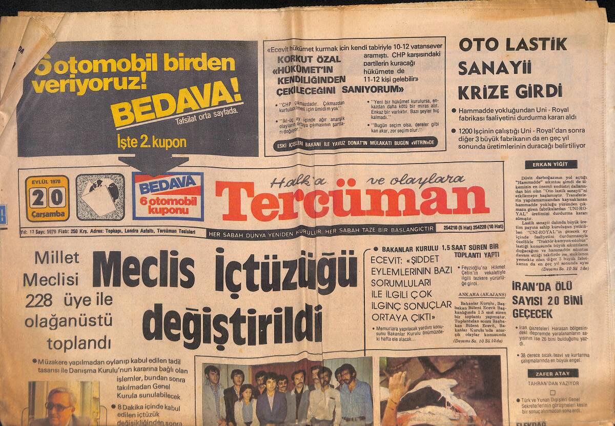 Tercüman Gazetesi 20 Eylül 1978 - Meclis İçtüzüğü Değiştirildi - İran'da Ölü Sayısı 20 Bini Geçecek - Ayın Takımı Fenerbahçe GZ132504 - 1