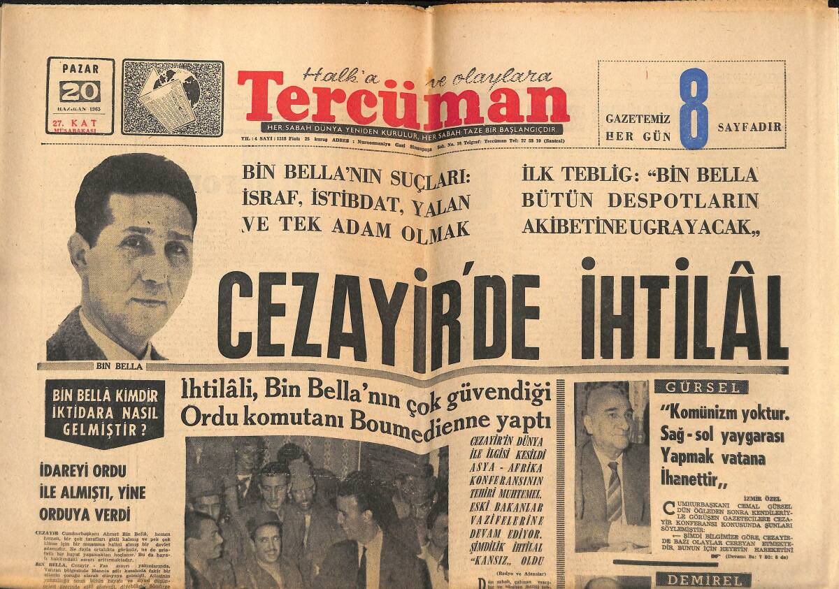 Tercüman Gazetesi 20 Haziran 1965 - Cezayir'de İhtilal - Rıfat Çalışkan Yine Birinci - Alanya Canavarı Hasan Öldürüldü! GZ140581 - 1