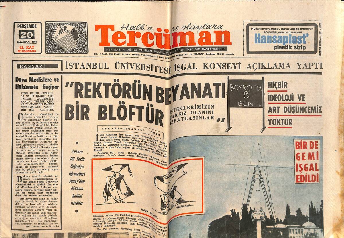 Tercüman Gazetesi 20 Haziran 1968 - Yüksek Denizcilik'te De Okul Ve Gemi İşgal Edildi - Türkiye'ye Niçin Kaliteli Antrenör Gelmez GZ146493 - 1
