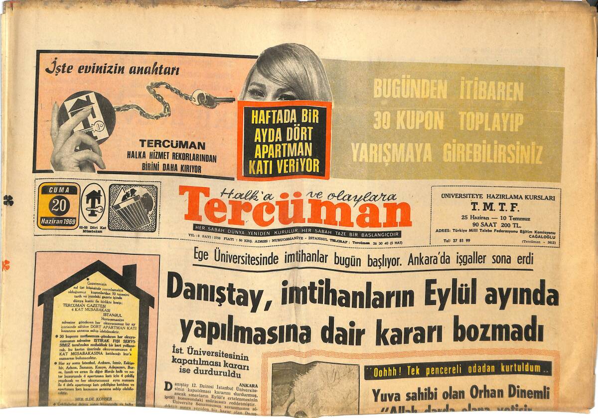 Tercüman Gazetesi 20 Haziran 1969 - İstanbul Üniversitesinin Kapatılması Kararı Durduruldu - Ankara'da İşgaller Sona Erdi GZ144864 - 1