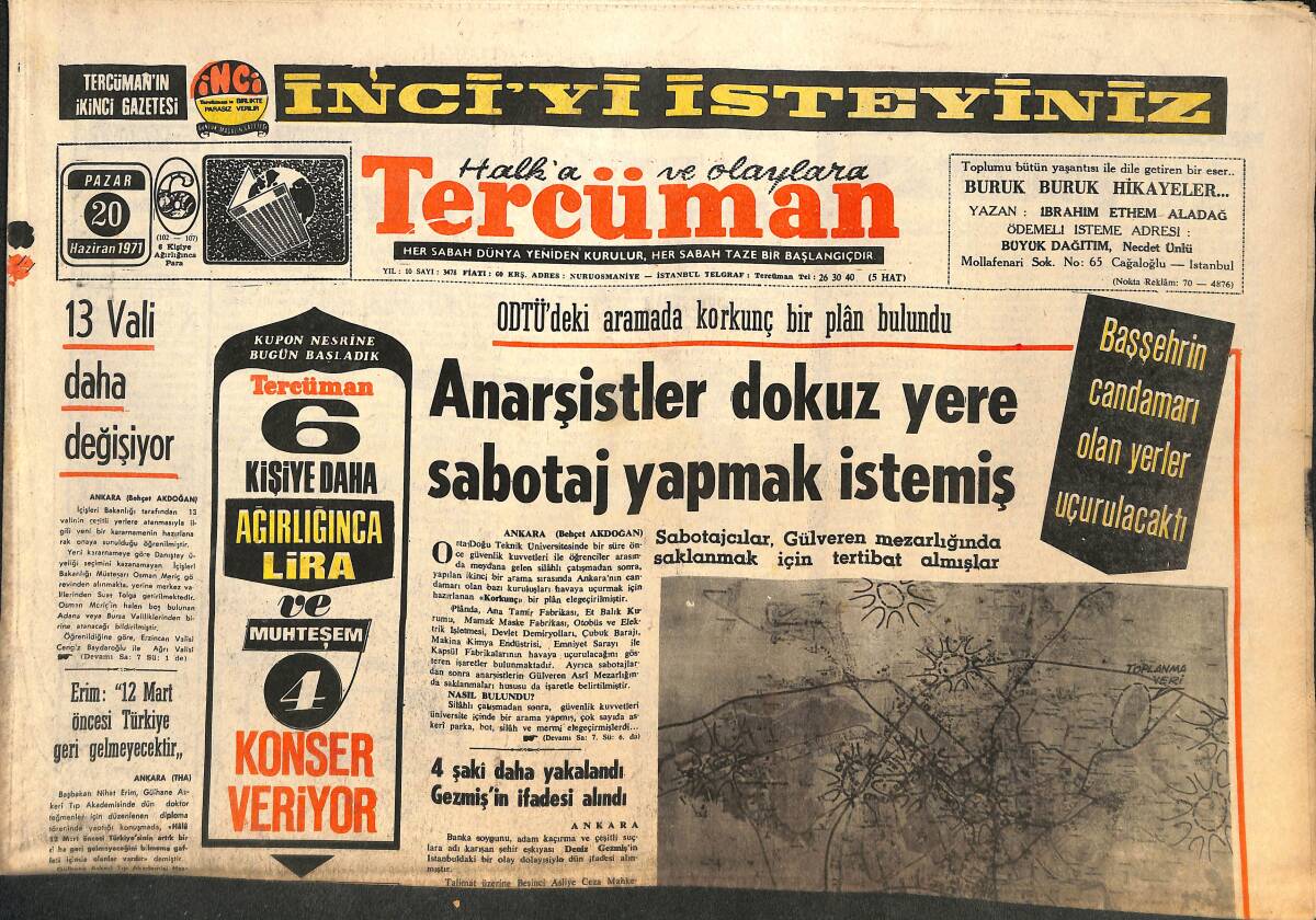 Tercüman Gazetesi 20 Haziran 1971 - ODTÜ'deki Aramada Korkunç Bir Plân Bulundu . Anarşistler Dokuz Yere Sabotaj Yapmak İstemiş GZ141538 - 1