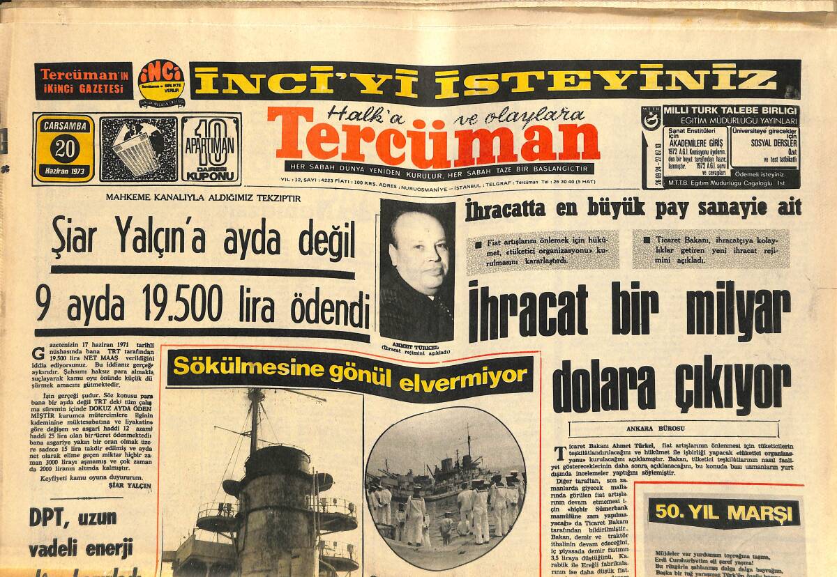 Tercüman Gazetesi 20 Haziran 1973 - Renault 12 Türkiye Rallisini Yine Kazandı - Ali Sami Yen'in Odasında Duvarlar Şiir Ve Dilek Dolu GZ141166 - 1