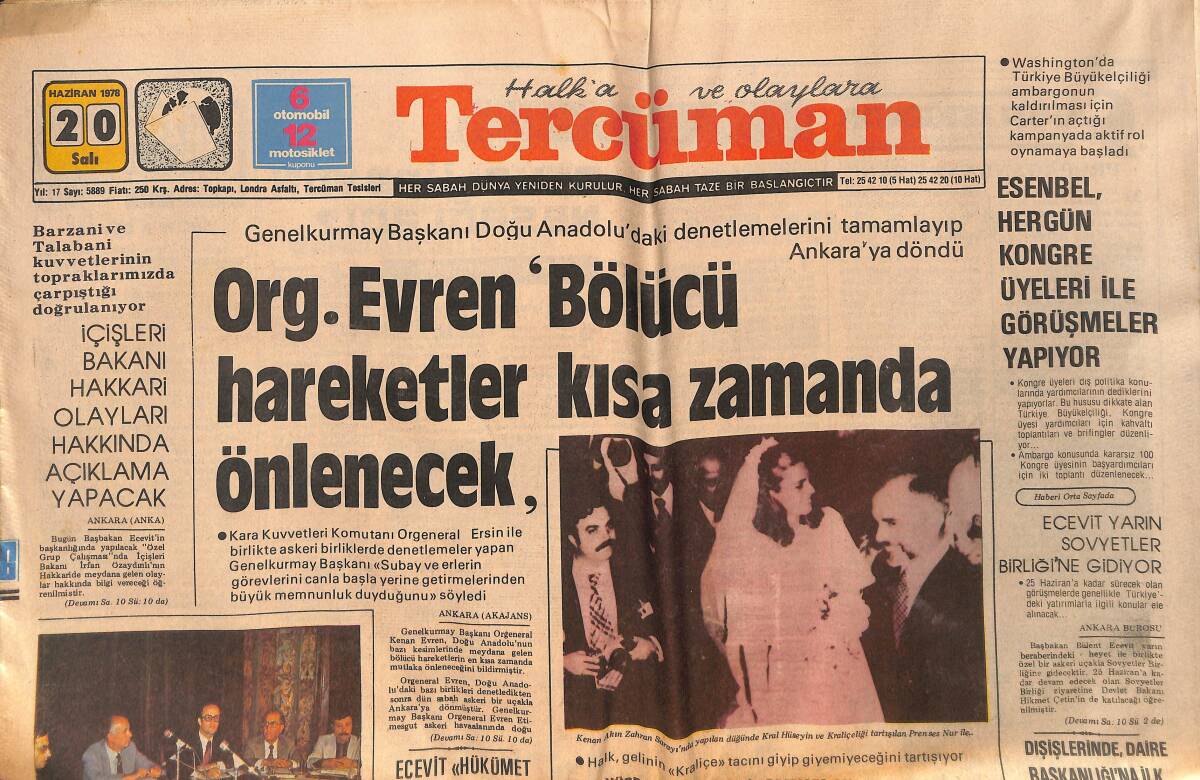 Tercüman Gazetesi 20 Haziran 1978 - ORG. Evren; Bölücü Hareketler Kısa Zamanda Önlenecek - Mehmet Güçlü Dakikası Bin Liradan Yağlı Güreş Yapıyor GZ133198 - 1