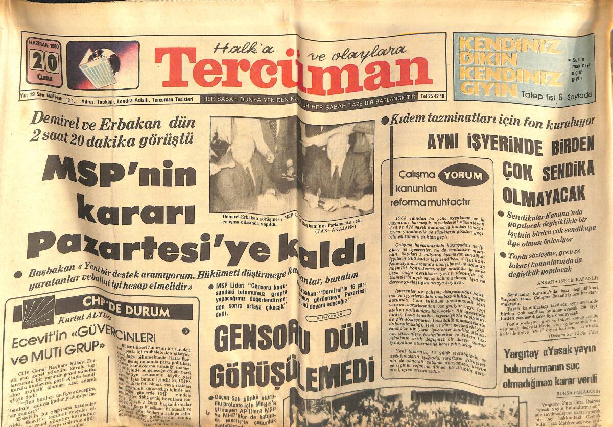Tercüman Gazetesi 20 Haziran 1980 - MSP'nin Kararı Pazartesiye Kaldı - Ayhan Işık Ölümümün 1. Yıl Dönümünde Anıldı - Beşiktaş Transferde Atağa Kalktı GZ133317 - 1