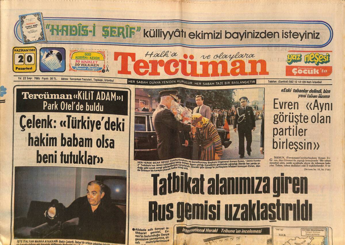 Tercüman Gazetesi 20 Haziran 1983 - Tatbikat Alanımıza Giren Rus Gemisi Uzaklaştırıldı - Kissinger Ankara'ya Geliyor - Çin'de İslamiyet Zaferi GZ132444 - 1
