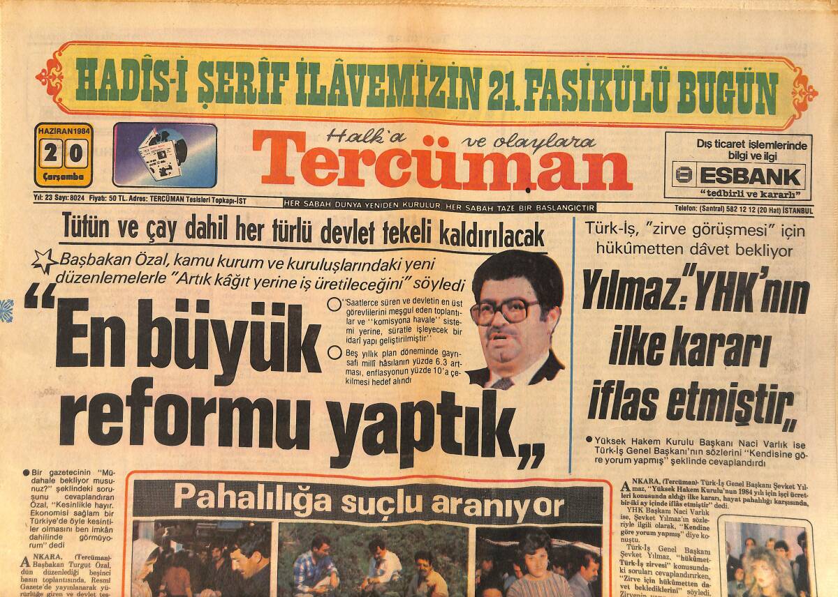 Tercüman Gazetesi 20 Haziran 1984 - Papa Suikastının Ardında Bulgarlar Var - Pahalılığa Suçlu Aranıyor, Zam Üstüne Zam GZ153494 - 1
