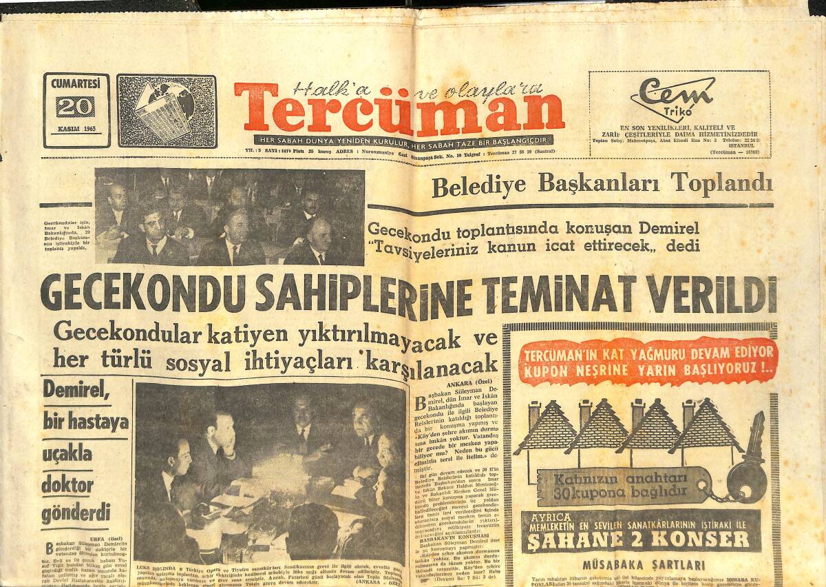 Tercüman Gazetesi 20 Kasım 1965 - Tütün Ekicileri-Tüccar Arasında Çekişme Başladı - Gecekondu Sahiplerine Teminat Verildi GZ143396 - 1