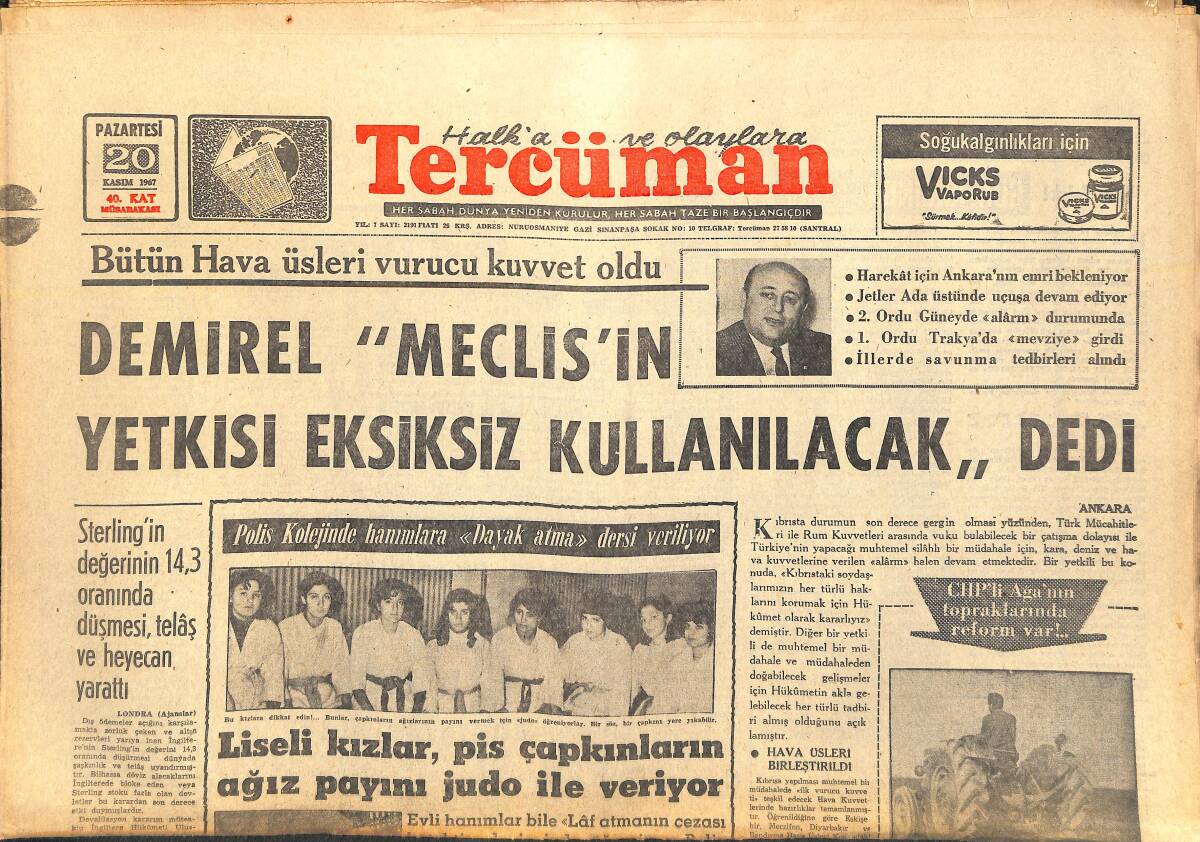 Tercüman Gazetesi 20 Kasım 1967 - Polis Kolejinde Hanımlara Dayak Atma Dersi Veriliyor - Suudi Arabistan Bütçesinin Yüzde Doksanı Petrol GZ142093 - 1