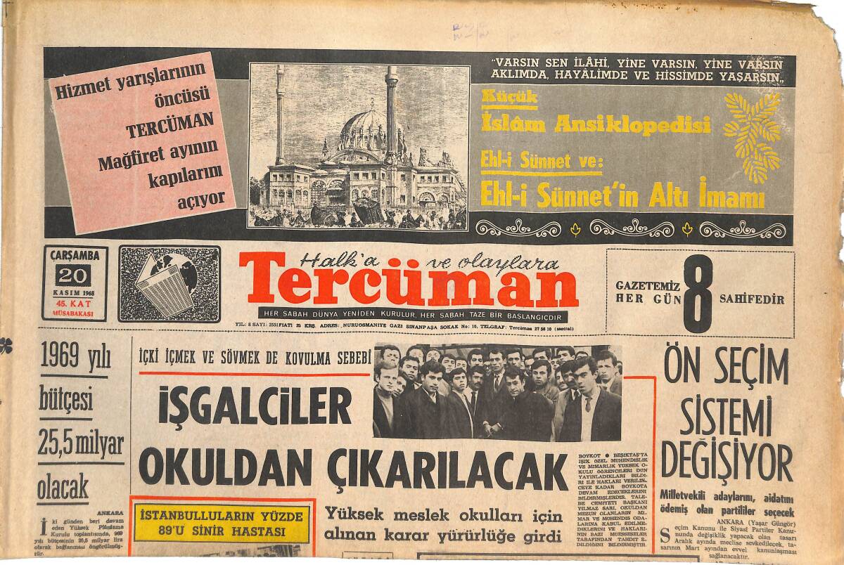 Tercüman Gazetesi 20 Kasım 1968 - Rektör, Gece Eğitimine Karşı - Cemil Erkök Türkiye'de Güreşçi Kalmadı Dedi GZ145171 - 1