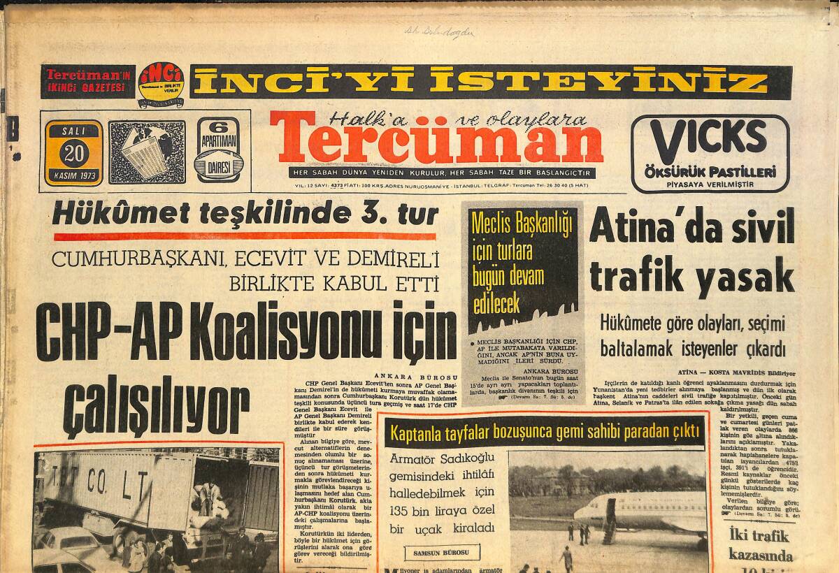 Tercüman Gazetesi 20 Kasım 1973 - Atina'da Sivil Trafik Yasak - Milyoner Fransız Ailesi Hilton'da Uyutulup Soyuldu GZ145565 - 1
