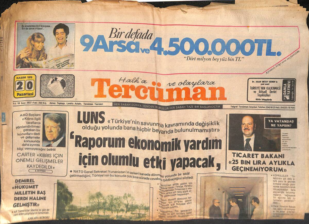 Tercüman Gazetesi 20 Kasım 1978 - Sovyet Denizcileri İşportacılardan Alış-Veriş Yaptılar - Carter '' Kıbrıs İçin Önemli Gelişmeler Kaydedildi '' GZ134658 - 1