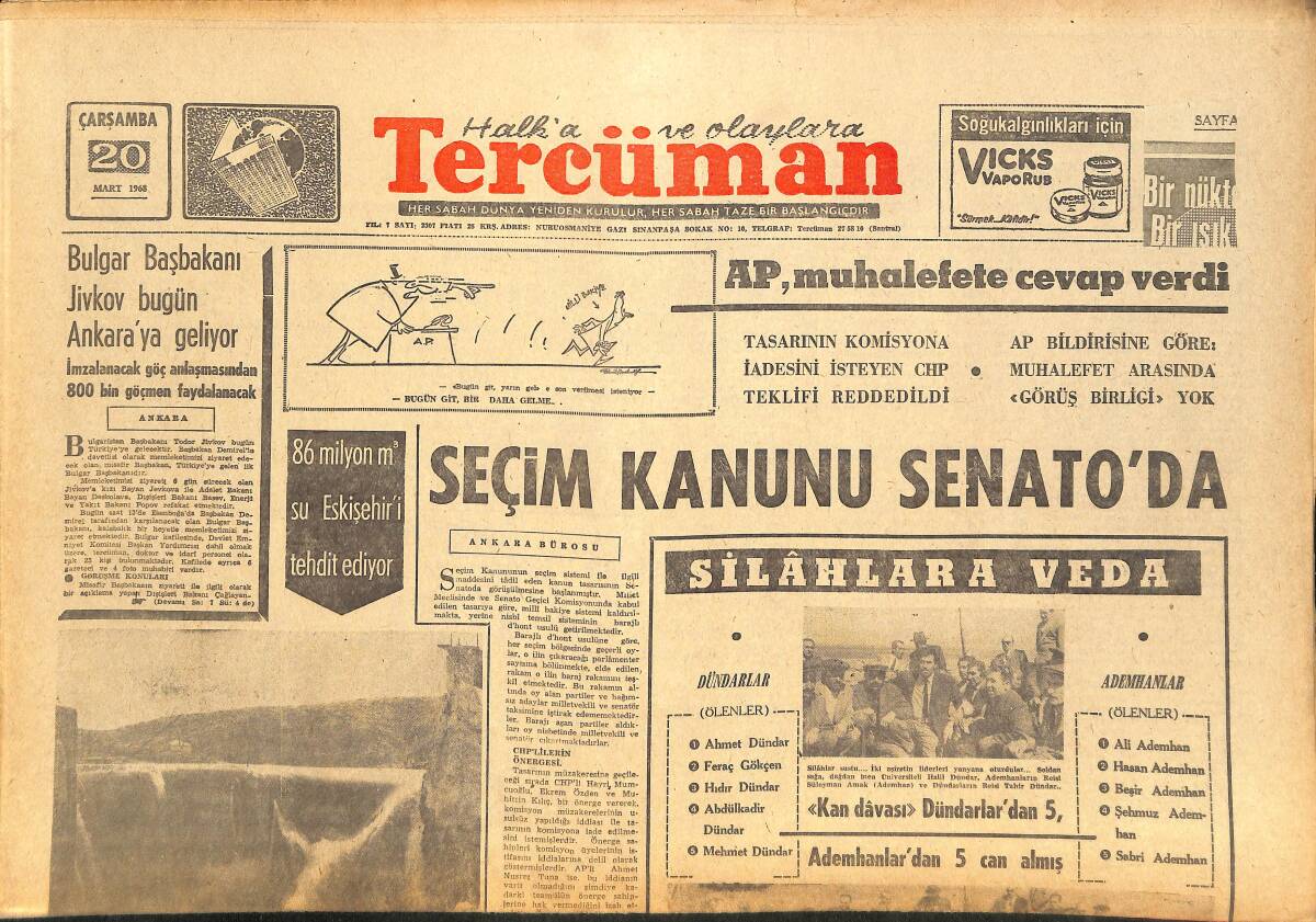 Tercüman Gazetesi 20 Mart 1968 - Mardinli Milyoner Ademhanlar İle Dündarlar Barıştı - Vehbi Koç'un Memurlarına Son Emri: Zayıflayın! GZ146420 - 1