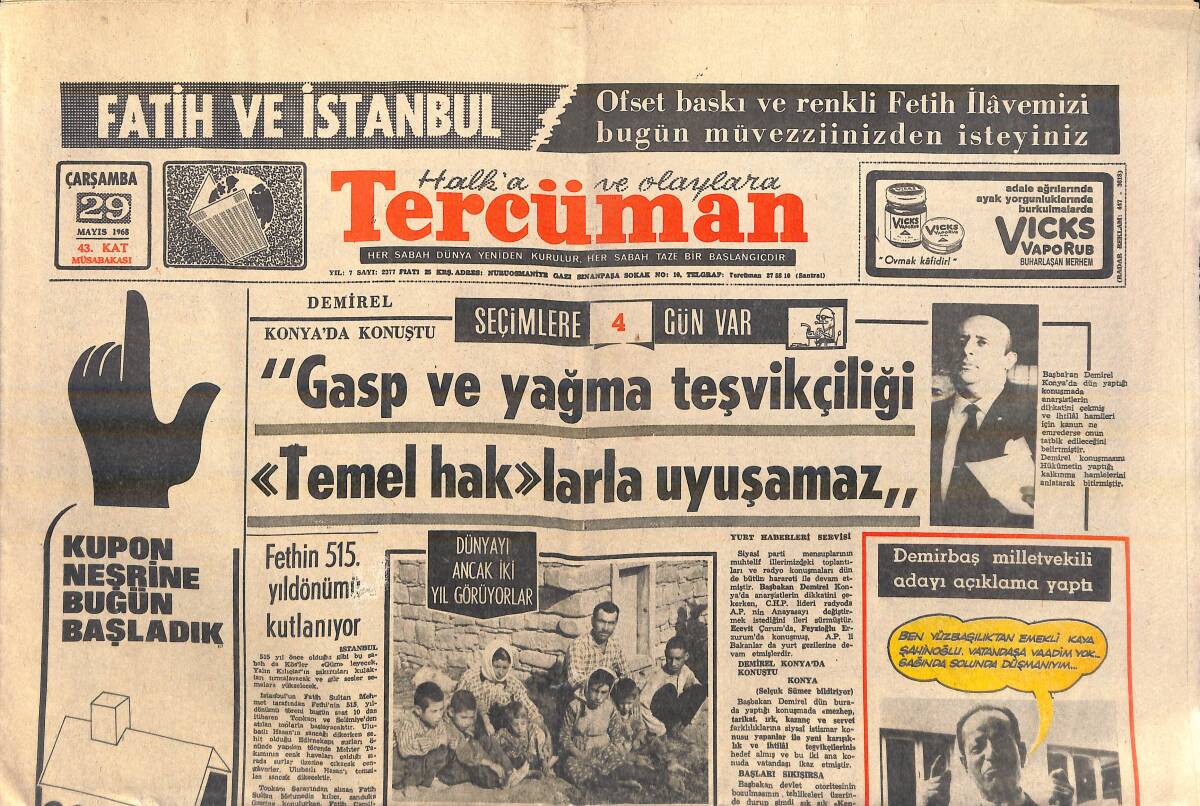 Tercüman Gazetesi 20 Mayıs 1968 - Komünistler Türkistan'daki 16 Bin Camii Yıktılar - Demirel Konya'da Konuştu GZ156988 - 1