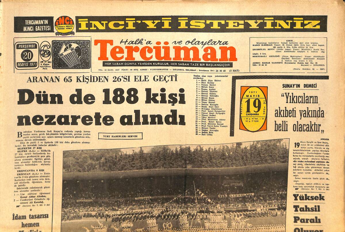 Tercüman Gazetesi 20 Mayıs 1971 - Sibirya'da Şiddetli Bir Deprem Oldu - Kupanın Son Finalisti Dün Belli Oldu : Eskişehir GZ144238 - 1