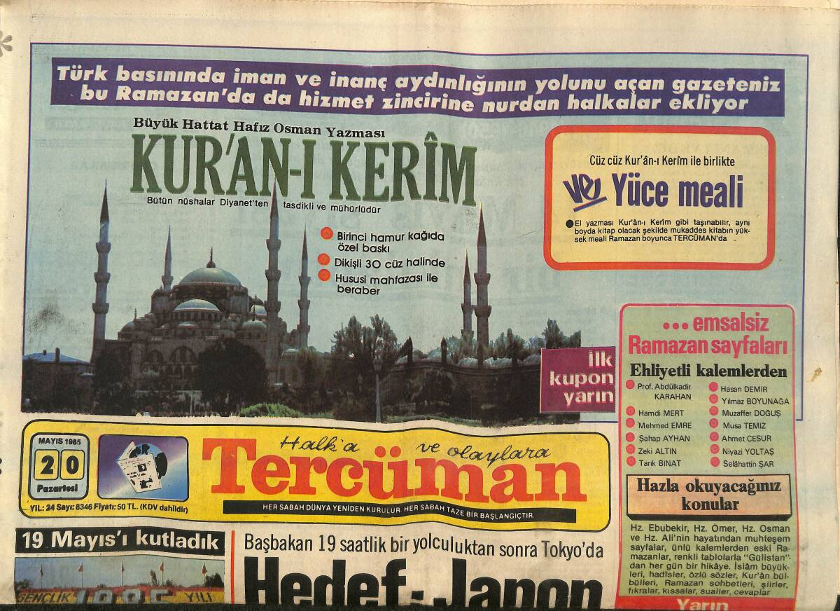Tercüman Gazetesi 20 Mayıs 1985 - Evren : '' Milletimiz Geleceğe Güvenle Bakıyor '' - Yusufov'un Yardımcısı Sınırdışı Edildi GZ150302 - 1