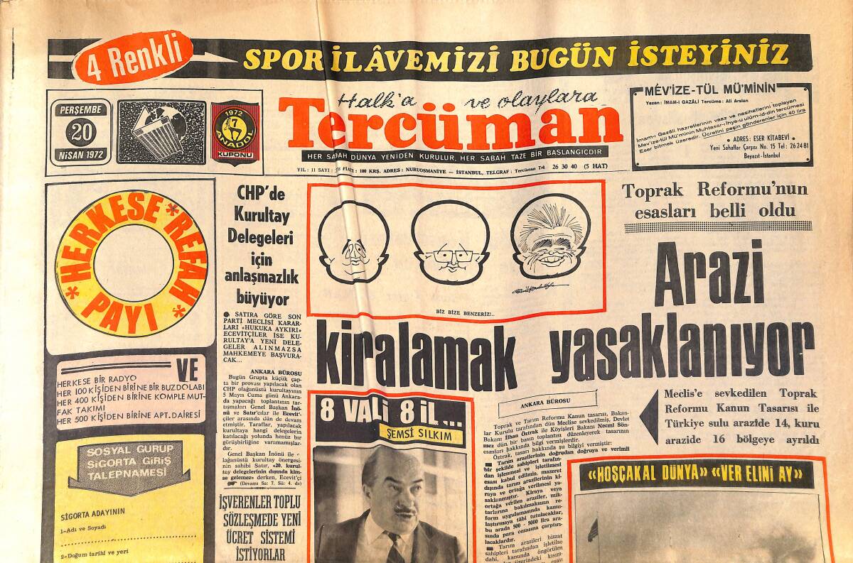 Tercüman Gazetesi 20 Nisan 1972 - Arazi Kiralamak Yasaklanıyor - TRT Yönetim Kurulu Seçimi Dün Yapıldı GZ161254 - 1
