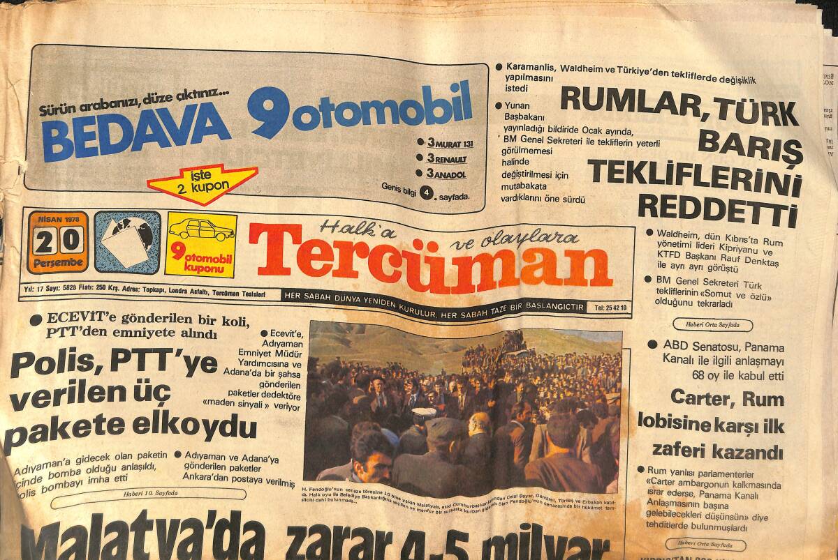 Tercüman Gazetesi 20 Nisan 1978 - Polis, PTT'ye Verilen Üç Pakete Elkoydu - Carter, Rum Lobisine Karşı İlk Zaferi Kazandı GZ133528 - 1