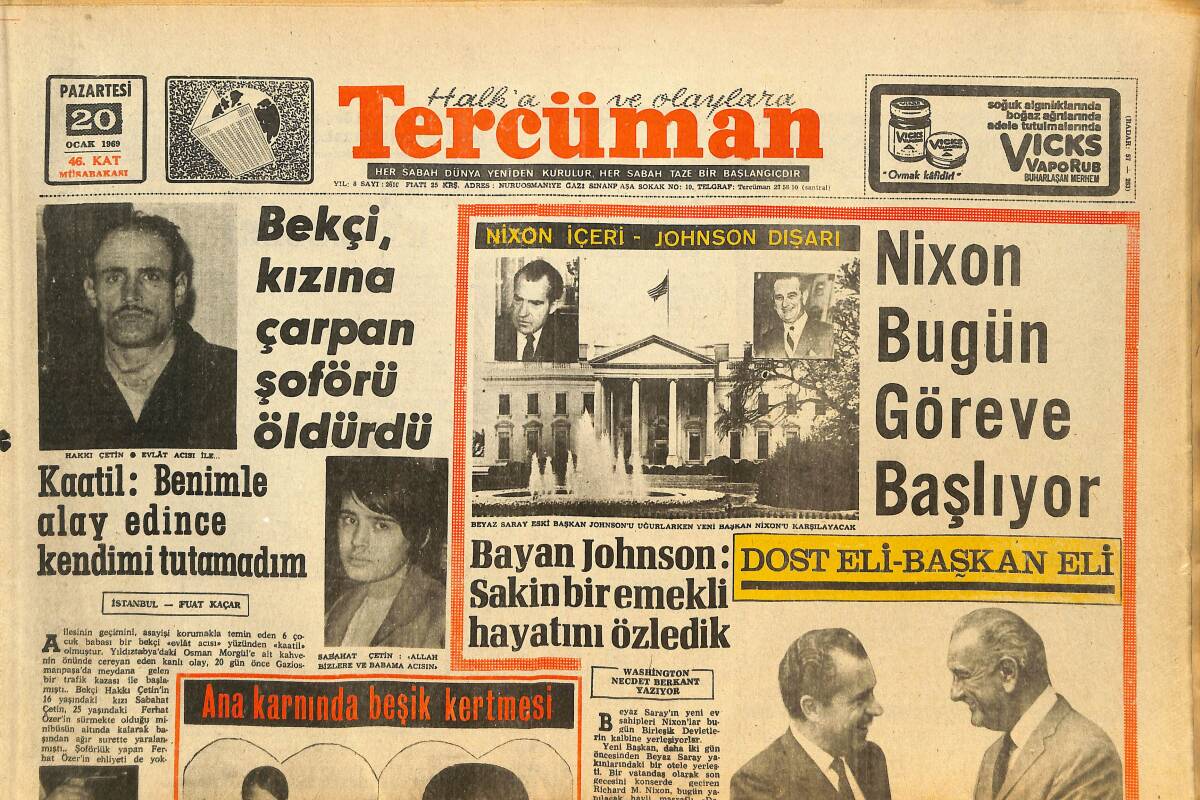 Tercüman Gazetesi 20 Ocak 1969 - Türkan Şoray, Yılda 800 Bin Gelir - Beyaz Saray Eski Başkan Johnson'u Uğurlarken Yeni Başkan Nixon'u Karşılayacak GZ146395 - 1