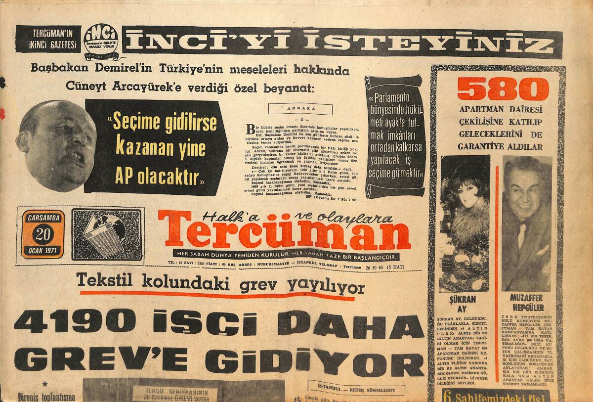 Tercüman Gazetesi 20 Ocak 1971 - 4190 İşçi Daha Grev'e Gidiyor - Deniz Gezmiş Dosyası 6 Soyguncunun Ortak Vasfı: Anarşist Solcu GZ145985 - 1