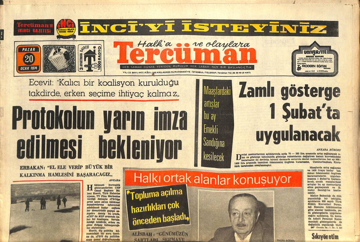 Tercüman Gazetesi 20 Ocak 1974 - Şeker, Petrol Ve Sümerbank Mamüllerine Zam Yapılmıyor - İşte Gol Kralı Ali Pervin GZ144574 - 1