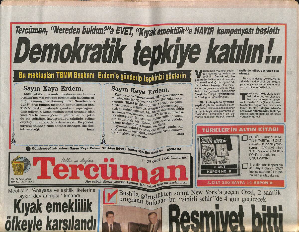Tercüman Gazetesi 20 Ocak 1990 - Özal'a Sert Tepki - Serpil Çakmaklı Şimdi De Kaset Dolduruyor GZ150223 - 1